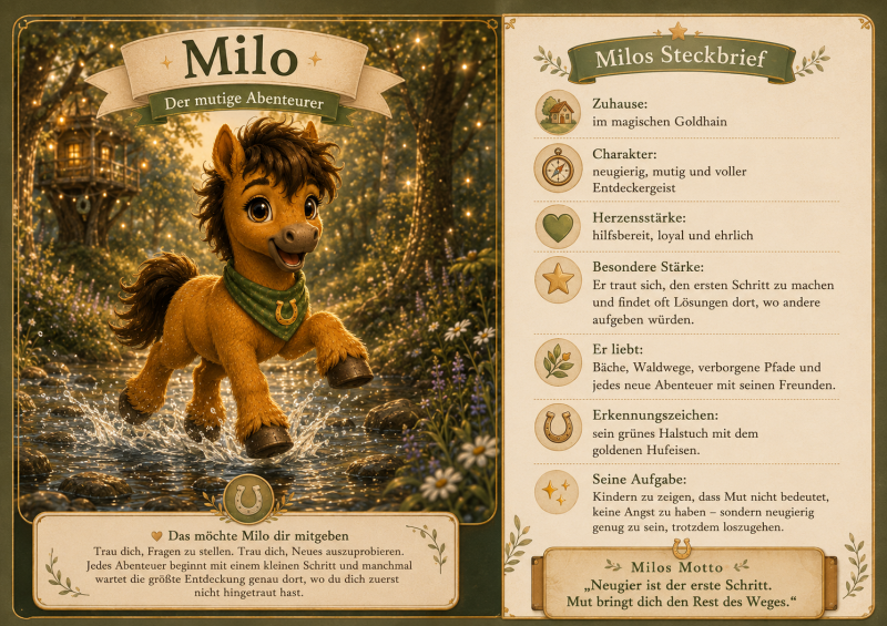Liebevoll gestalteter Steckbrief von Milo, dem mutigen Abenteurer aus Hoofphysics Kids. Das fröhliche Pony springt durch einen glitzernden Bach im magischen Goldhain und trägt sein grünes Halstuch mit dem goldenen Hufeisen. Daneben werden Milos Charakter,