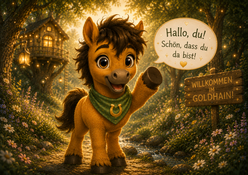 Milo, der mutige Abenteurer aus Hoofphysics Kids, begrüßt Kinder mit einem fröhlichen Lächeln und erhobener Hufe im magischen Goldhain. In seiner Sprechblase steht „Hallo, du! Schön, dass du da bist!“. Hinter ihm leuchten ein gemütliches Baumhaus, ein Wal