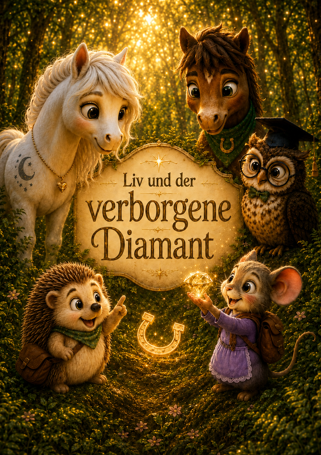 Magisches A4-Cover von „Liv und der verborgene Diamant“: Liv, Milo, Professor Eule, Fips und Pippa versammeln sich im golden leuchtenden Goldhain um einen funkelnden Diamanten und ein Hufeisen 