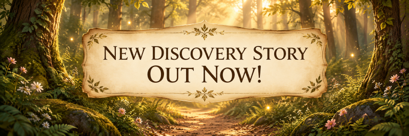 Magischer Goldhain im warmen Sonnenlicht mit einem Banner und der Aufschrift „New Discovery Story Out Now!