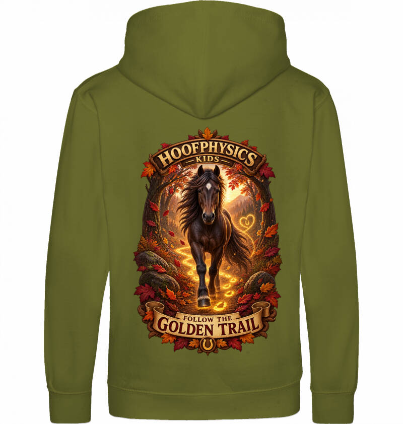 Olivgrüner Hoofphysics-Kids-Hoodie mit herbstlichem „Golden Trip“-Pferdemotiv auf der Rückseite.