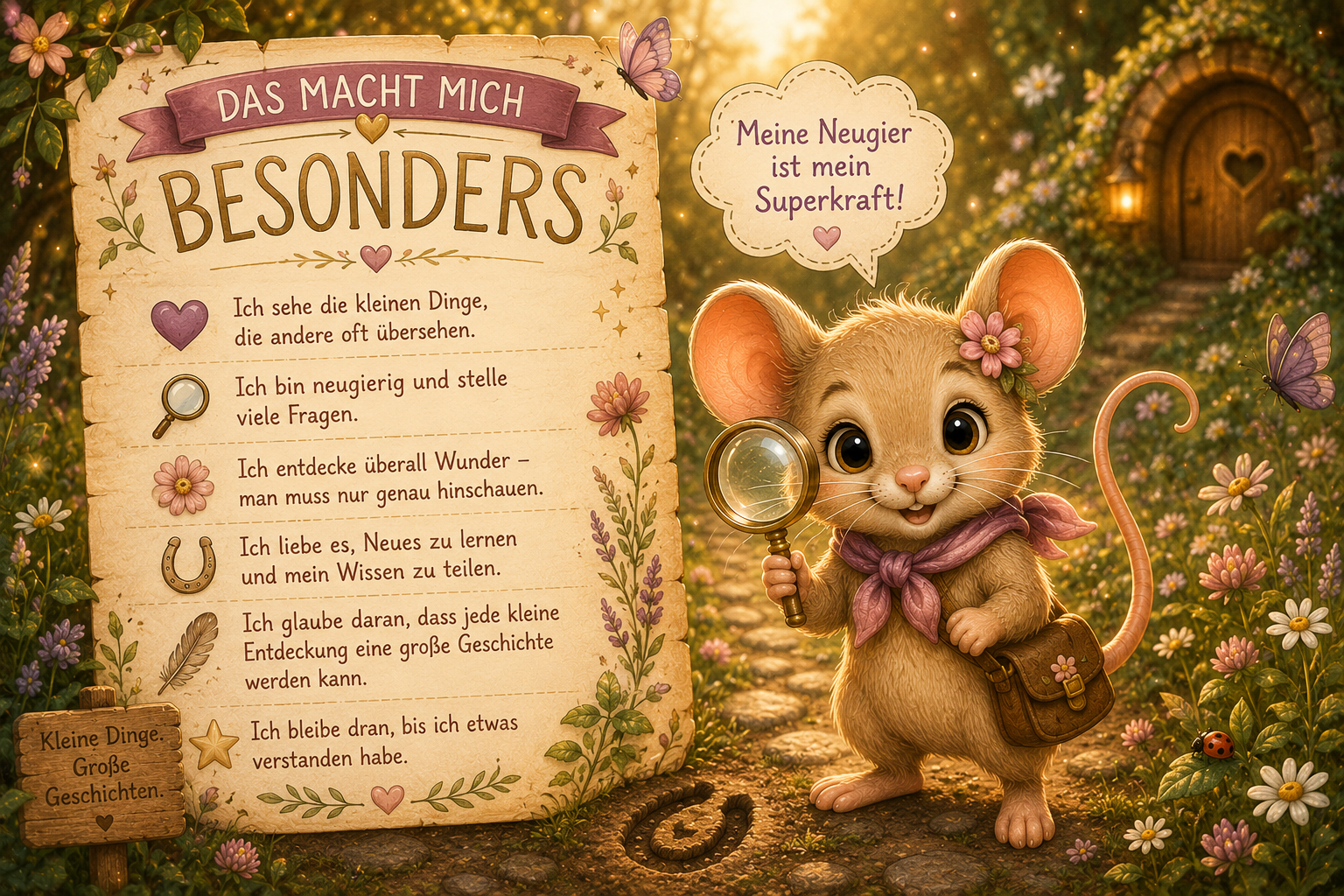 „Das macht mich besonders“ – Charakterkarte von Pippa aus Hoofphysics Kids. Die neugierige kleine Entdeckerin steht mit ihrer Lupe auf einem verwunschenen Waldweg im magischen Goldhain und erklärt, warum Neugier ihre größte Stärke ist. Die liebevoll gesta