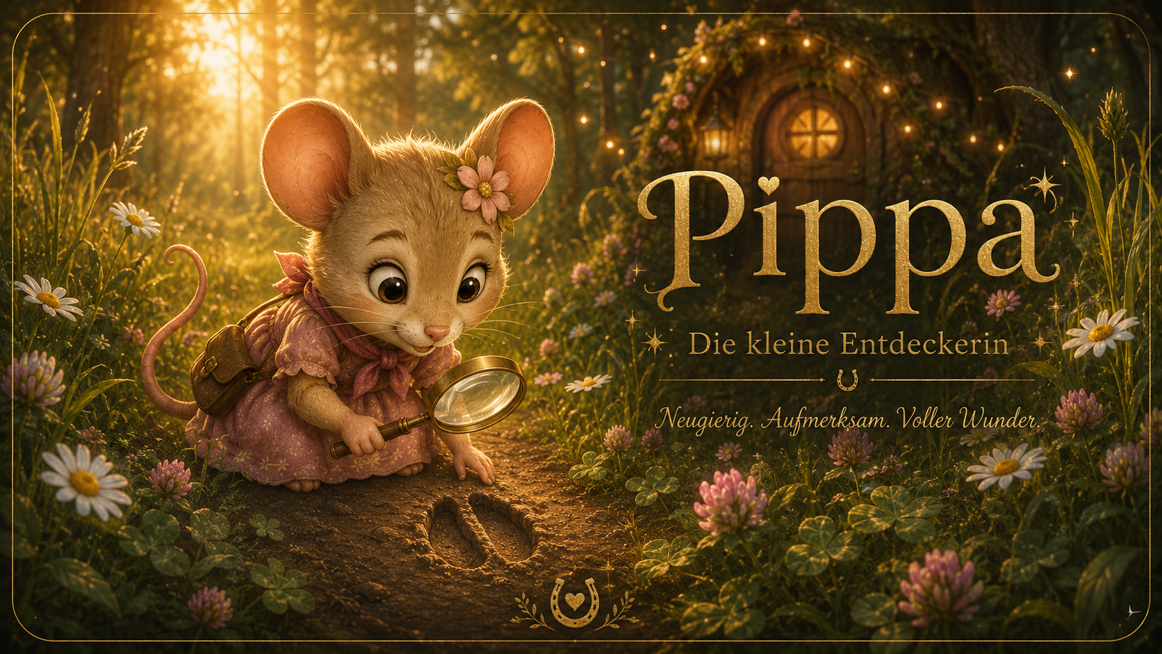Pippa, die kleine Entdeckerin aus Hoofphysics Kids, untersucht mit einer Lupe einen kleinen Hufabdruck auf einer sonnigen Waldlichtung im magischen Goldhain. Umgeben von Gänseblümchen, Klee und warmen Sonnenstrahlen lädt sie Kinder dazu ein, die kleinen W