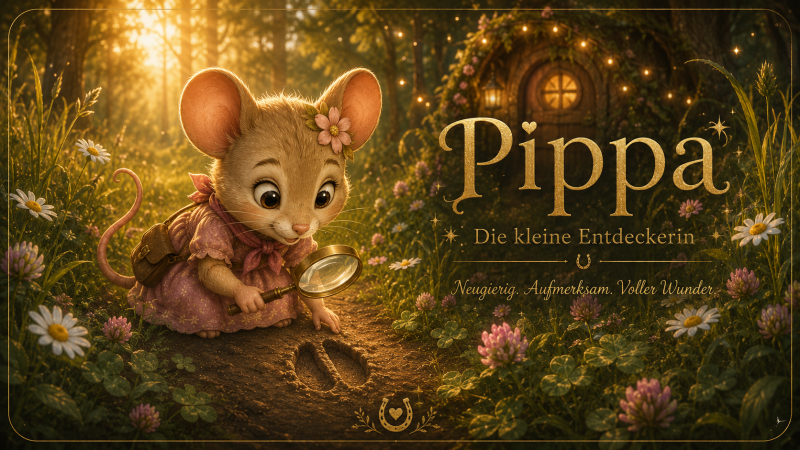 Pippa, die kleine Entdeckerin aus Hoofphysics Kids, untersucht mit einer Lupe einen kleinen Hufabdruck auf einer sonnigen Waldlichtung im magischen Goldhain. Umgeben von Gänseblümchen, Klee und warmen Sonnenstrahlen lädt sie Kinder dazu ein, die kleinen W