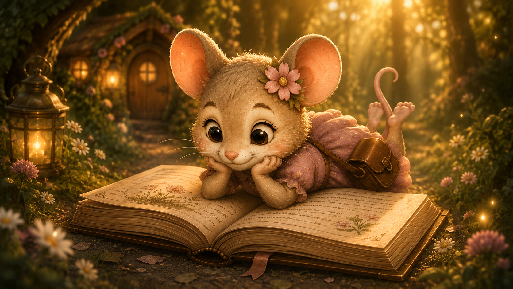 Pippa, die neugierige Entdeckerin aus Hoofphysics Kids, liegt verträumt auf einem großen alten Buch mitten im magischen Goldhain. Umgeben von warmem Sonnenlicht, Blumen und einer verwunschenen Waldkulisse entdeckt sie die Wunder der Natur und lädt Kinder 