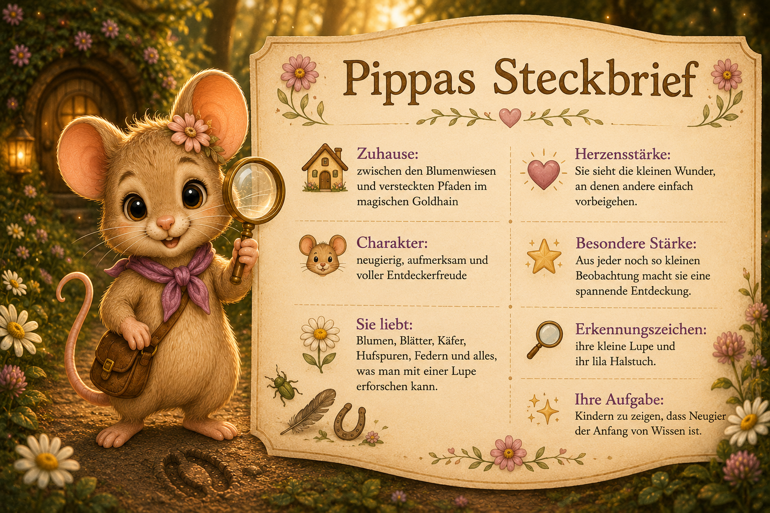 Pippas Steckbrief aus Hoofphysics Kids im Querformat. Die neugierige kleine Entdeckerin steht mit ihrer Lupe im magischen Goldhain und stellt ihren Charakter, ihre Herzensstärke, ihre Lieblingsdinge, ihr Zuhause und ihre Aufgabe vor. Eine liebevoll gestal