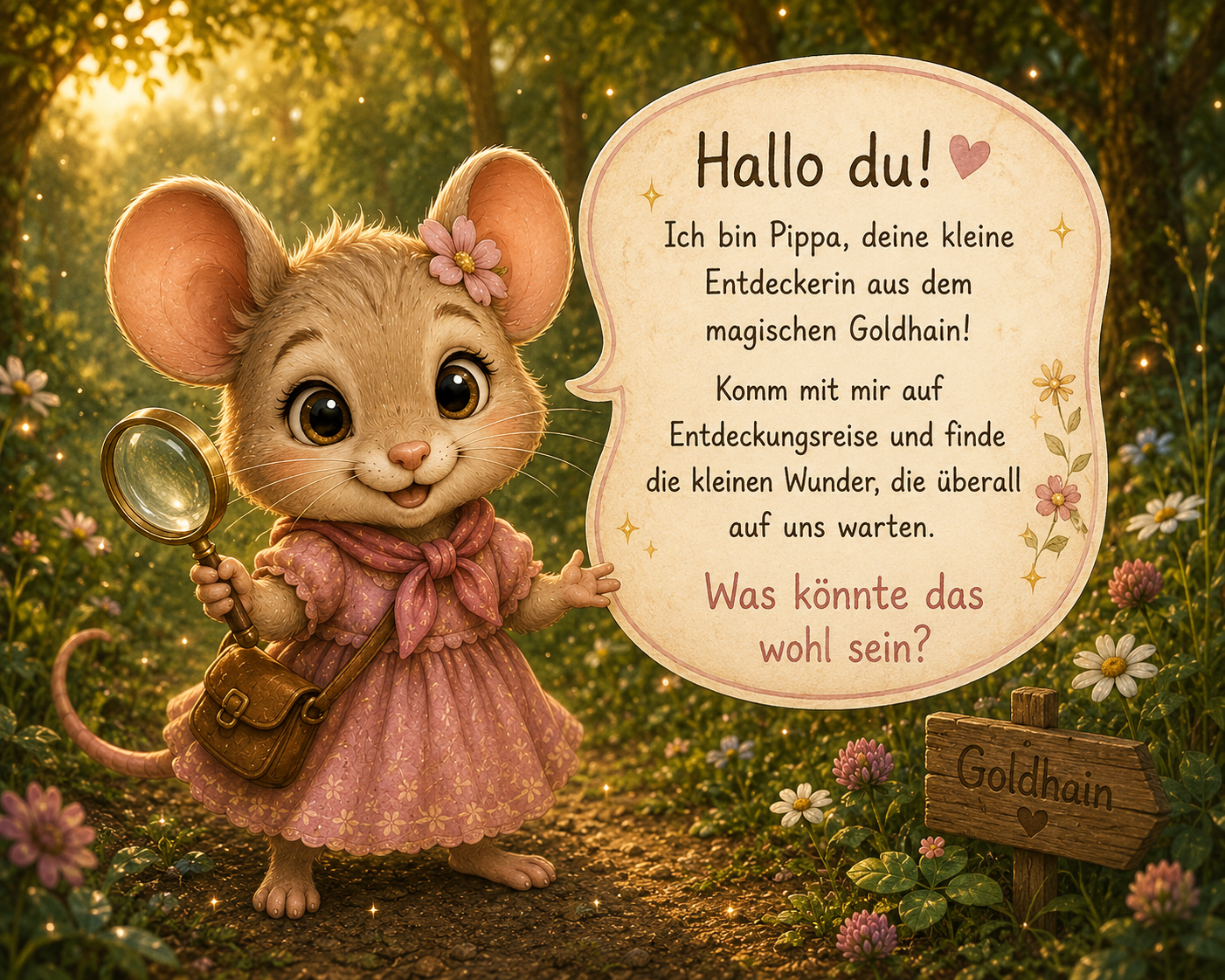 Pippa, die kleine Entdeckerin aus Hoofphysics Kids, begrüßt Kinder mit einer Lupe auf einem blumenreichen Waldweg im magischen Goldhain. In einer großen Sprechblase lädt sie dazu ein, die kleinen Wunder der Natur zu entdecken und mit neugierigen Augen auf