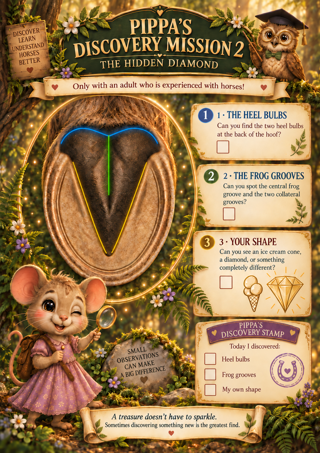 Illustrated HoofPhysics Kids worksheet: Pippa and Professor Owl explore the heel bulbs and frog grooves of a horse’s hoof to find the hidden diamond.