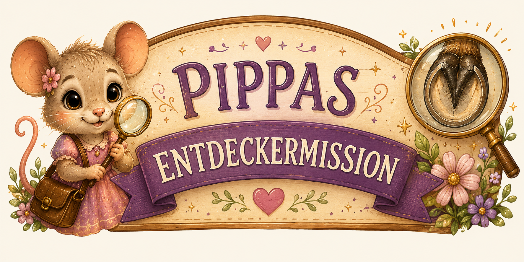 Pippa, die kleine Maus mit Lupe und Umhängetasche, neben dem Schriftzug ‚Pippas Entdeckermission‘ und einer vergrößerten Ansicht eines Pferdehufs