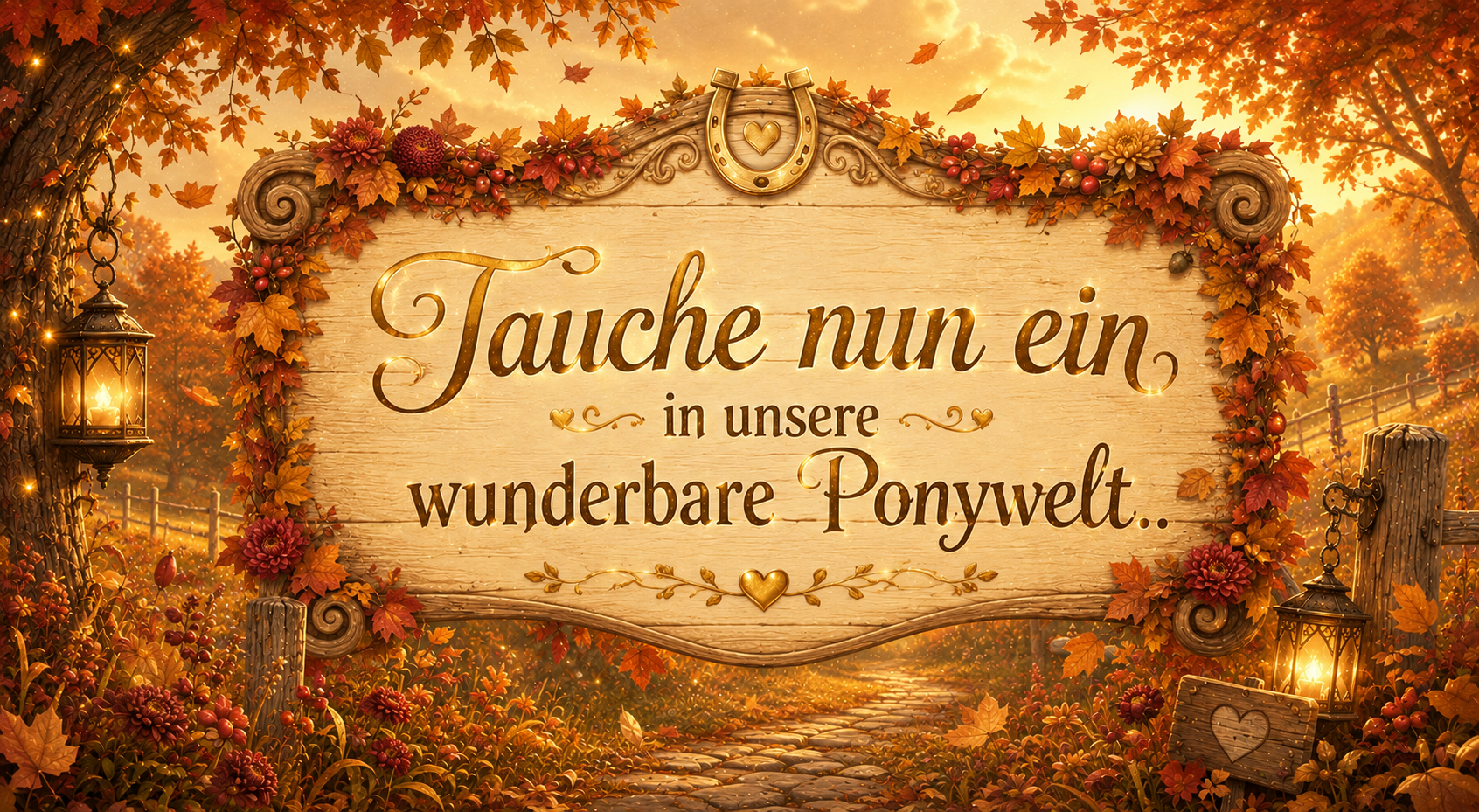 Herbstlich geschmücktes Holzschild im Goldhain mit Laternen und dem Schriftzug „Tauche nun ein in unsere wunderbare Ponyweltch geschmücktes Holzschild im Goldhain mit Laternen und dem Schriftzug „Tauche nun ein in unsere wunderbare Ponywelt