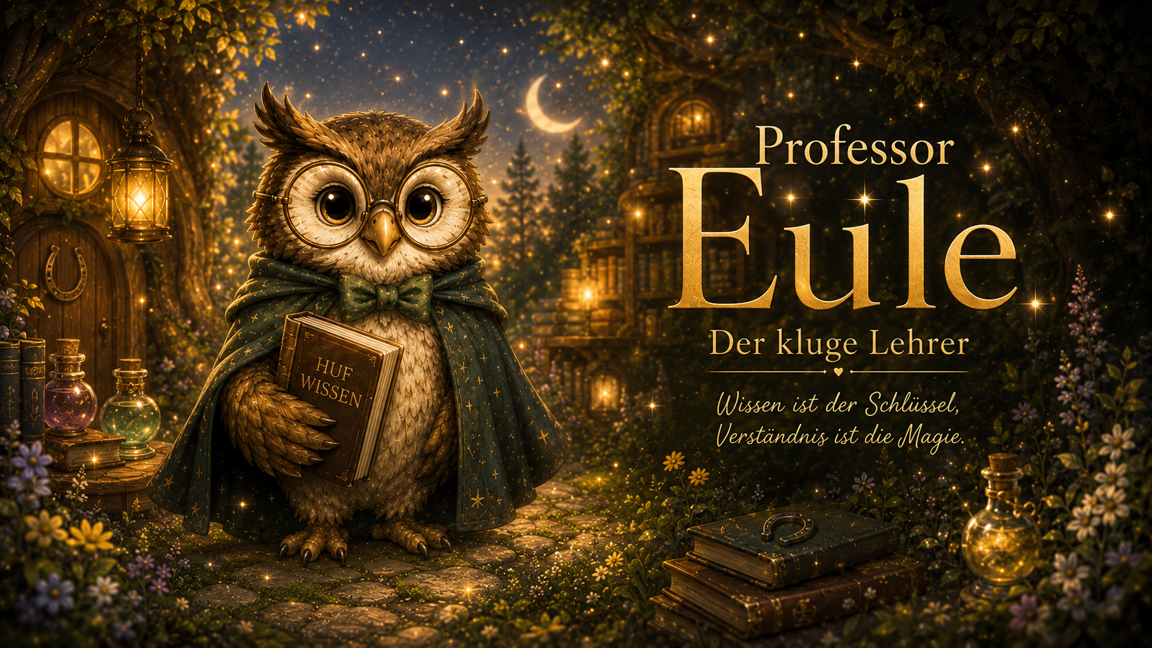 Magischer Banner von Professor Eule aus Hoofphysics Kids im verwunschenen Wald von Goldhain. Der weise Lehrer steht mit seinem Buch „Hufwissen“ zwischen Laternen, Büchern und Zaubertränken und begleitet Kinder auf ihrer Entdeckungsreise rund um Pferde, Hu