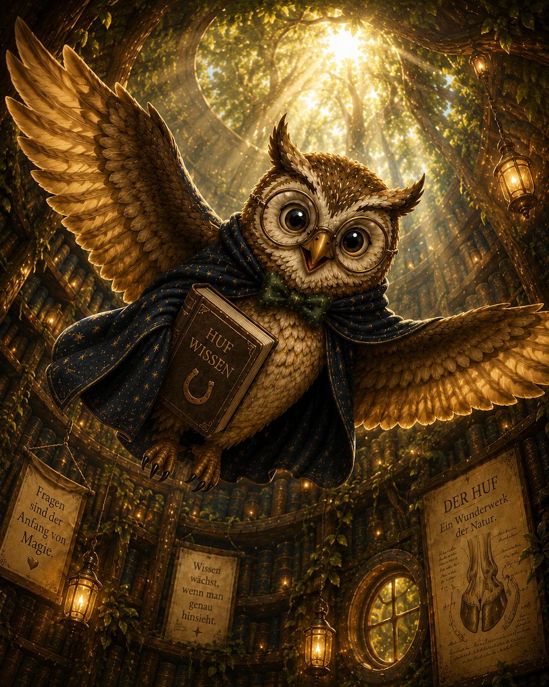 Professor Eule fliegt mit ausgebreiteten Flügeln durch seine riesige Baumhaus-Bibliothek im Goldhain. Aus der Froschperspektive trägt die freundliche Eule das Buch „Hufwissen“ durch hohe Bücherregale, warmes Sonnenlicht und golden schimmernde Laternen. Di