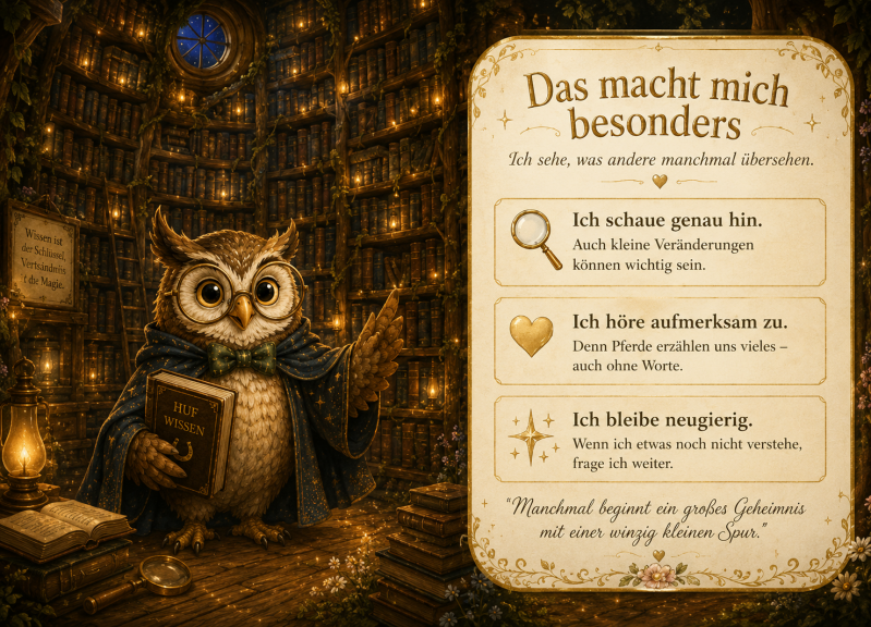 Professor Eule steht vor einer riesigen, bis zur Decke reichenden Bücherwand in seiner magischen Baumhaus-Bibliothek im Goldhain. Neben ihm erklärt die Tafel „Das macht mich besonders“, dass er aufmerksam beobachtet, gut zuhört und neugierig bleibt. Zwisc