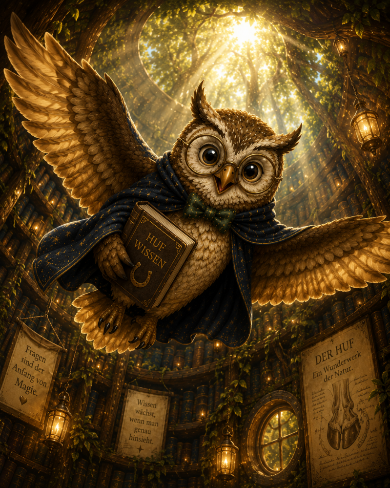 Professor Eule fliegt mit ausgebreiteten Flügeln durch seine riesige Baumhaus-Bibliothek im Goldhain. Aus der Froschperspektive trägt die freundliche Eule das Buch „Hufwissen“ durch hohe Bücherregale, warmes Sonnenlicht und golden schimmernde Laternen. Di
