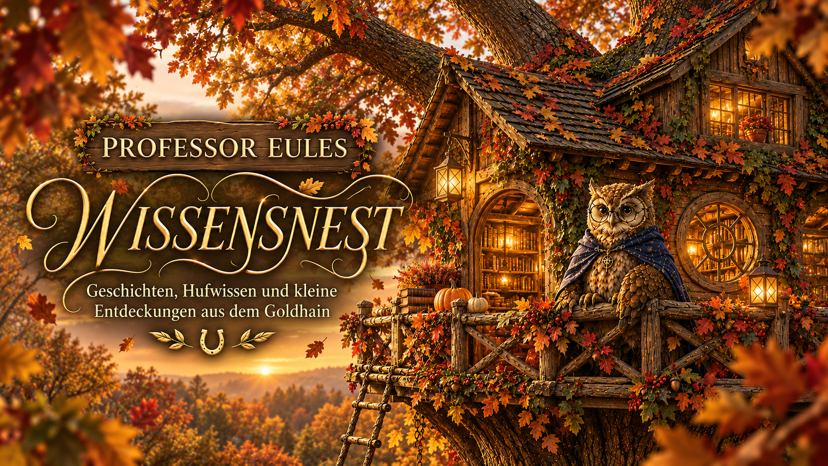 rofessor Eules Wissensnest im herbstlichen Goldhain – ein gemütliches Baumhaus voller Hufwissen, Geschichten und kleiner Entdeckungen für Kinder.