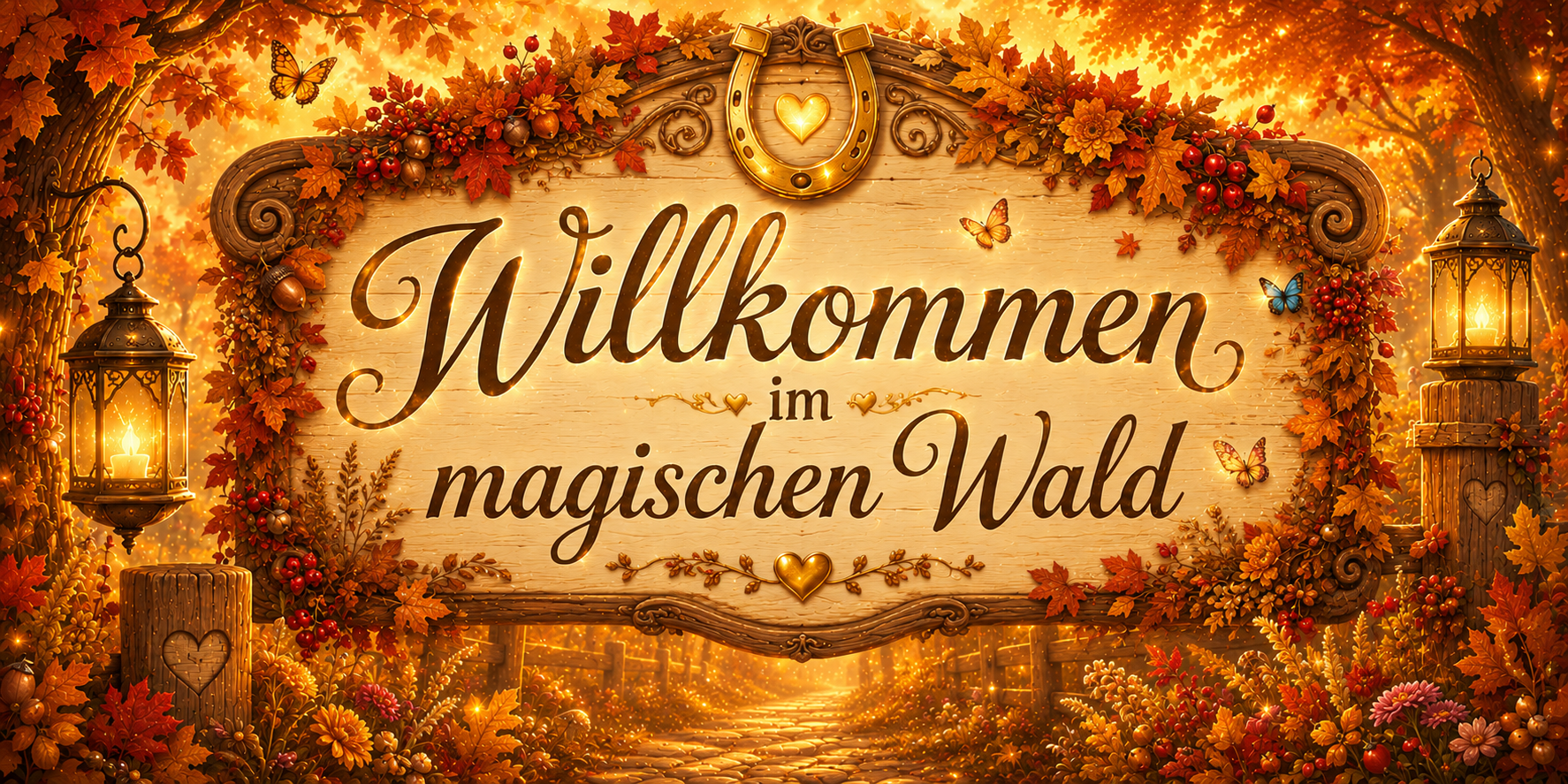 Leuchtendes Herbstschild mit Laternen, Blumen und Schmetterlingen am Eingang zum Goldhain und dem Schriftzug „Willkommen im magischen Wald