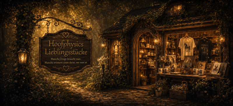 Hoofphysics Lieblingsstücke in einem verwunschenen Waldladen mit Pferde-T-Shirts, Tassen, Bildern und besonderen Geschenkideen für Pferdemenschen.