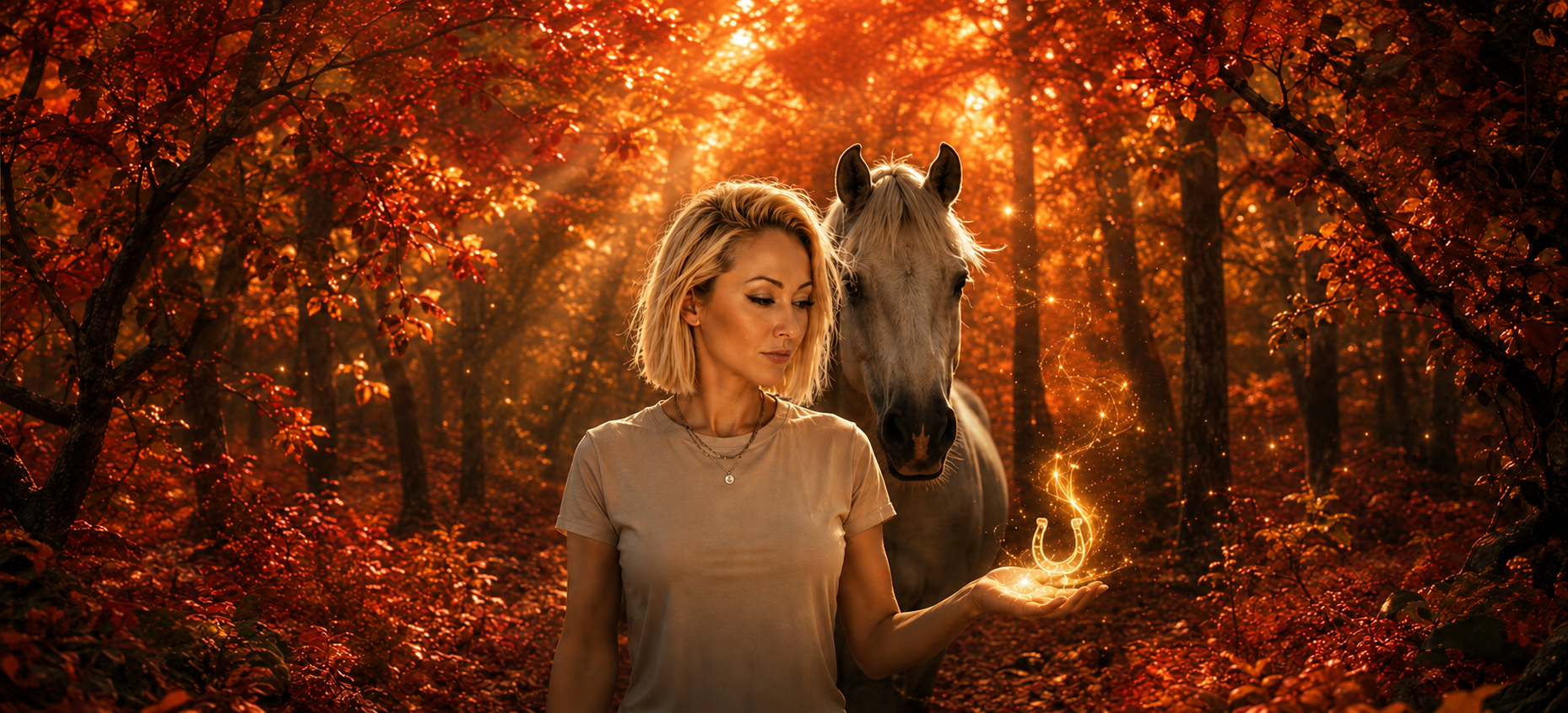 Hufbearbeiterin Suriyany steht mit einem Pferd im leuchtenden Herbstwald und hält ein magisch funkelndes Hufeisen in ihrer Hand.
