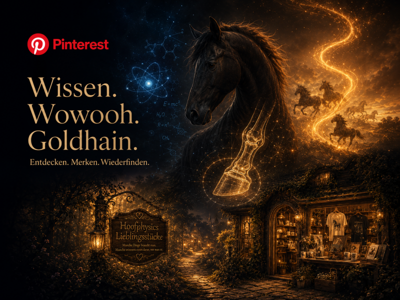 Cineastische Hoofphysics-Welt aus Pferdewissen, Wowooh und Goldhain mit leuchtender Hufanatomie, Pferden und Pinterest-Logo.