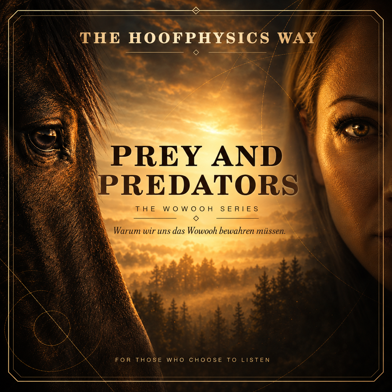 Close-up of a horse and a woman facing each other at sunset for the Hoofphysics Wowooh story “Prey and Predators” about trust between prey and predator.