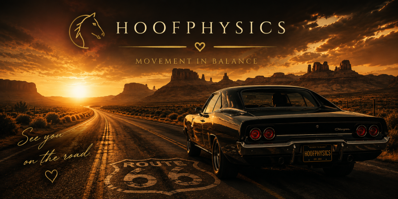 Cineastischer Hoofphysics Abschlussbanner mit einem schwarzen klassischen Muscle Car auf der Route 66 bei Sonnenuntergang. Das Bild symbolisiert die Leidenschaft, für Pferde unterwegs zu sein, und verabschiedet Besucher mit der Botschaft ‚See you on the r