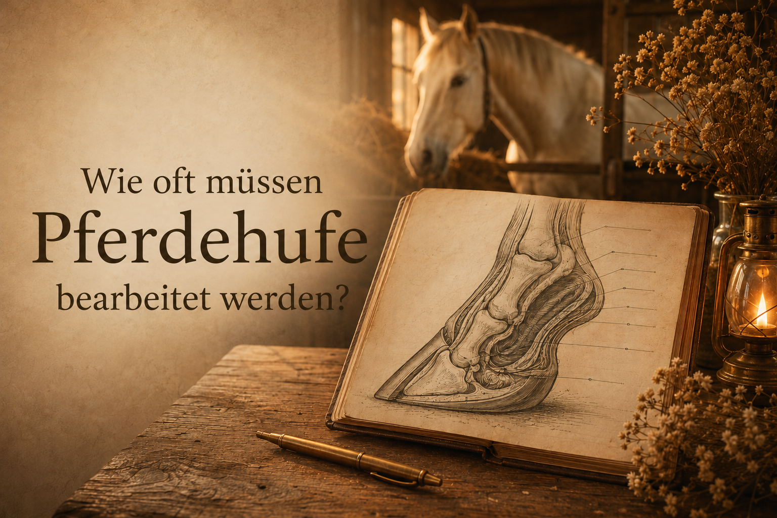 Pferd neben anatomischer Hufzeichnung – Beitrag über sinnvolle Intervalle bei der Hufbearbeitung