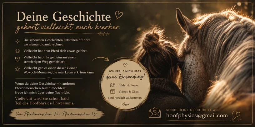 - Frau in inniger Begegnung mit einem Pferd – Einladung, persönliche Pferdegeschichten, Bilder und besondere Momente mit Hoofphysics zu teilen