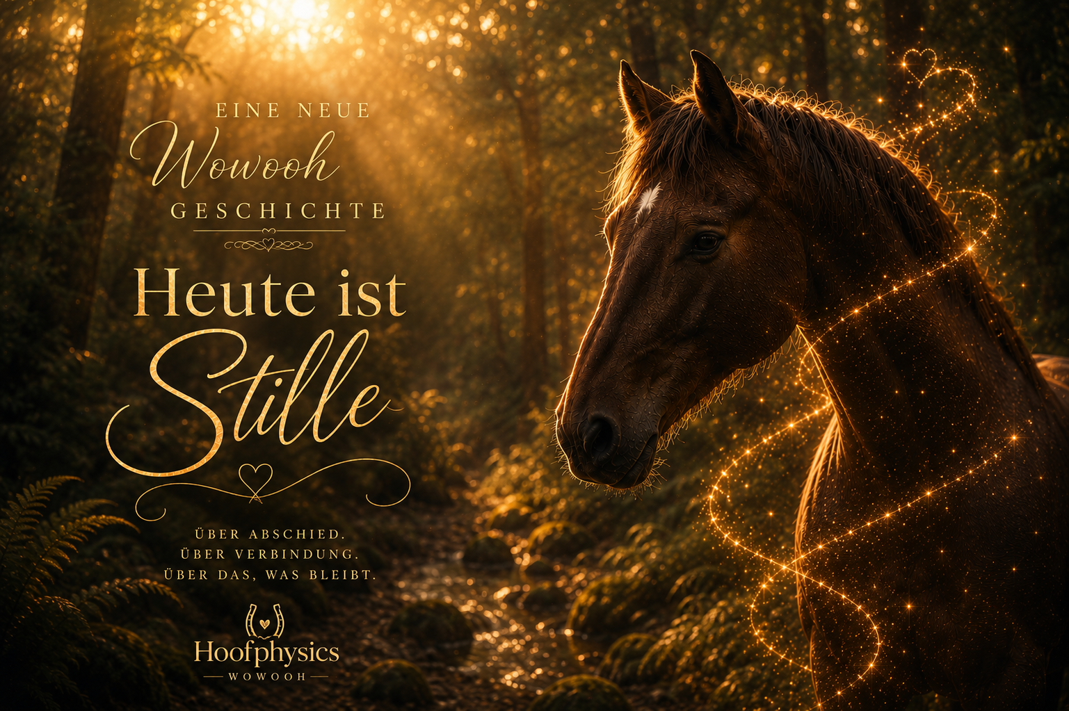 Titelbild zur eschichte "Heute ist Stille" mit goldener Überschrift .Pferd im goldenen Waldlicht mit leuchtender Lichtspur – ruhiger Hoofphysics-Moment über Stille, Verbindung und Wahrnehmung