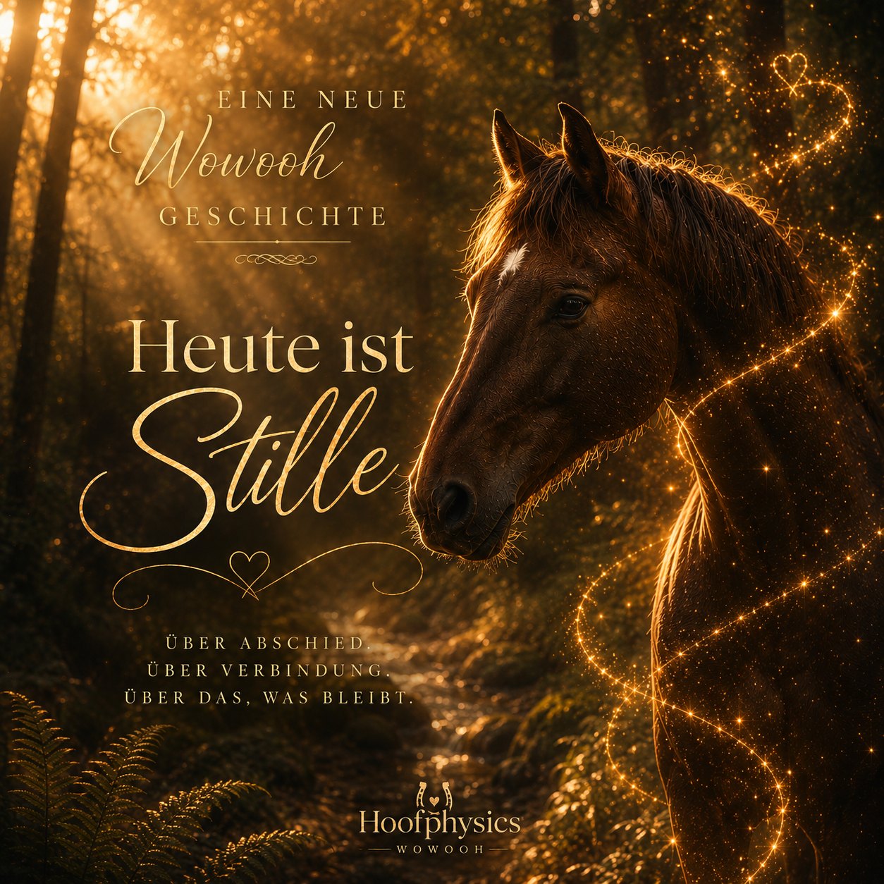 Dunkles Pferd im warmen Licht eines Waldes auf dem Titelbild der Wowooh-Geschichte „Heute ist Stille“ über Abschied, Verbundenheit und Neuanfang.