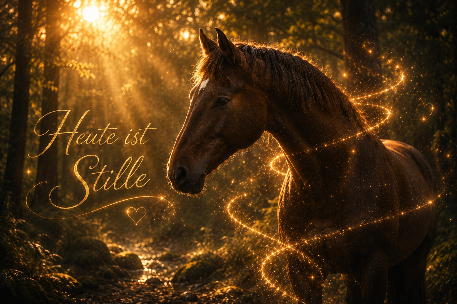 Pferd im goldenen Waldlicht mit leuchtender Lichtspur – ruhiger Hoofphysics-Moment über Stille, Verbindung und Wahrnehmung
