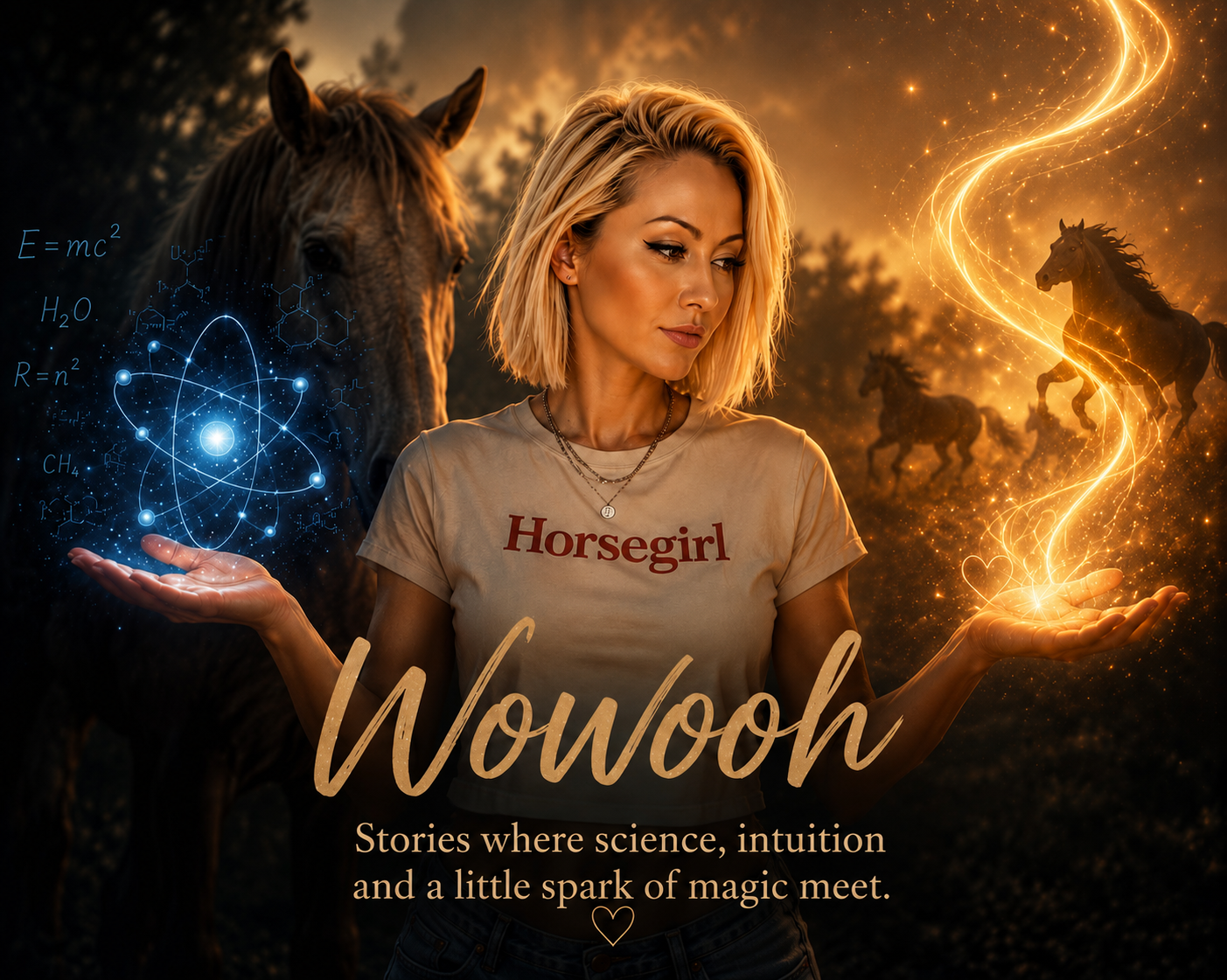 Hoofphysics founder with a horse, holding symbols of science and golden intuition for the Wowooh blog series about horses, knowledge and connection.