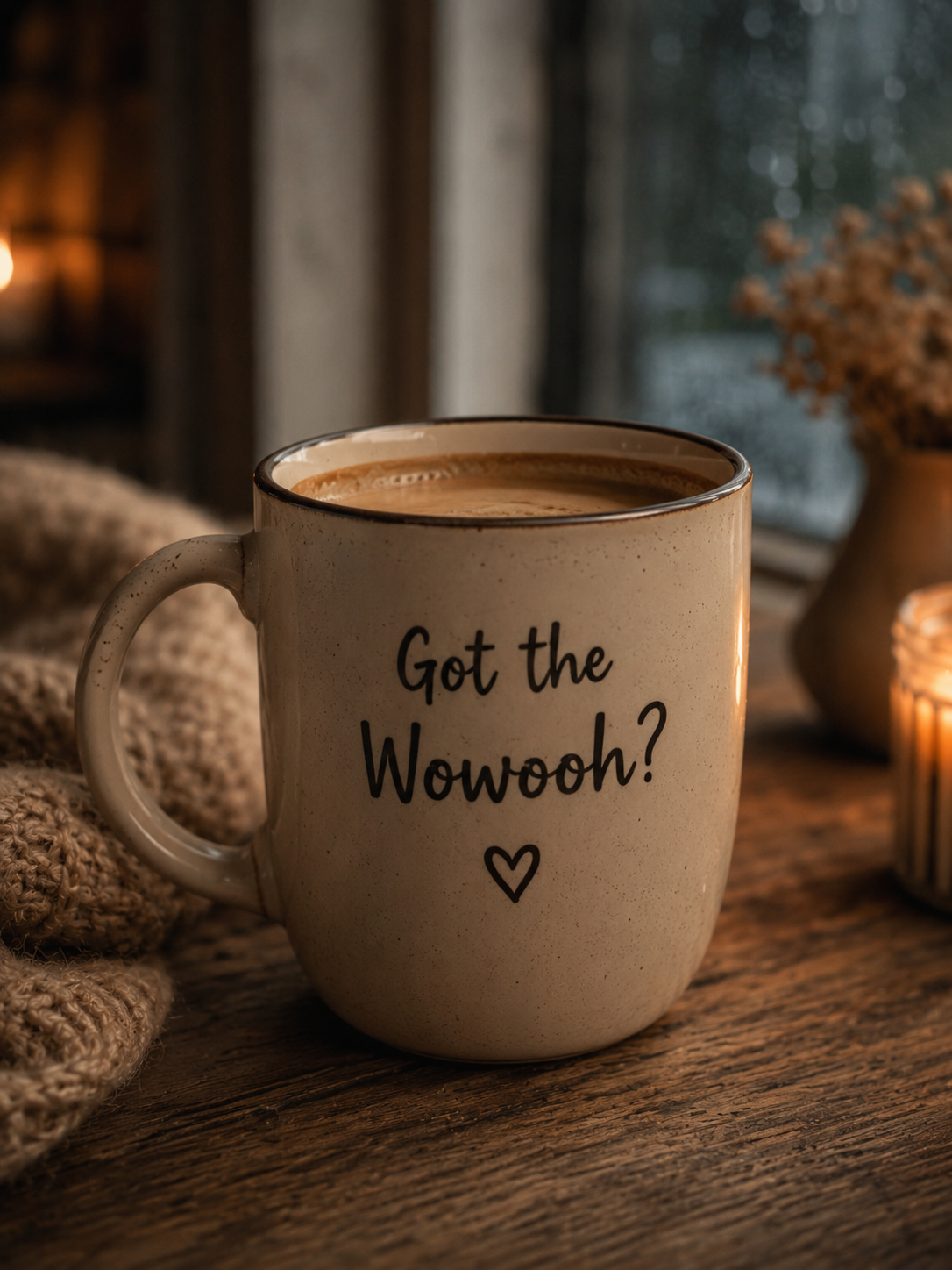 Hoofphysics-Tasse mit Schriftzug „Got the Wowoooh?“ auf einem gemütlichen Tisch am Fenster