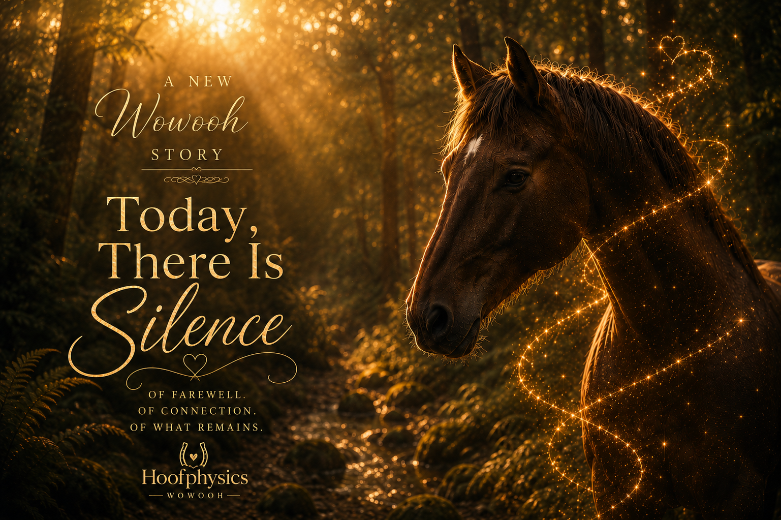 Horse surrounded by golden light in a forest for the Hoofphysics Wowooh story “Today, There Is Silence” about farewell, connection and what remains.