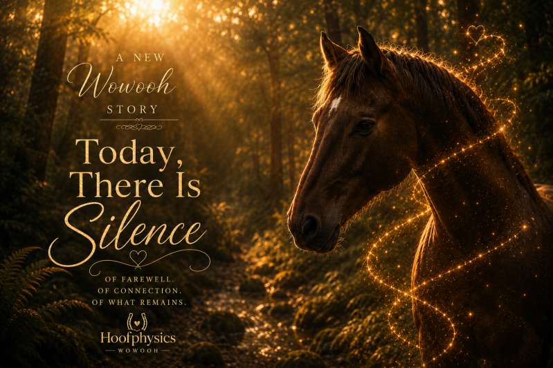 Horse surrounded by golden light in a forest for the Hoofphysics Wowooh story “Today, There Is Silence” about farewell, connection and what remains.