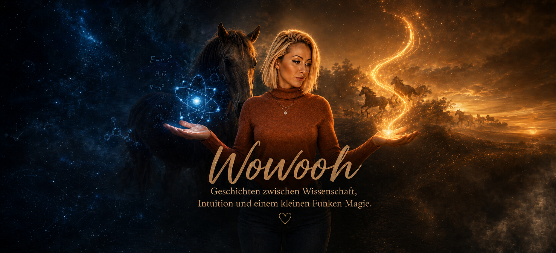 Frau im kupferfarbenen Rollkragenpullover steht bei einem schwarzen Pferd und hält ein blau leuchtendes Atommodell vor einem goldenen Abendhimmel. 