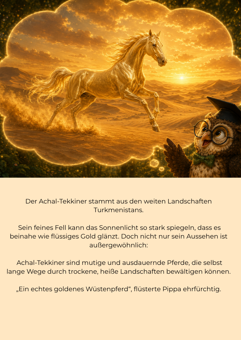 Professor Eule erzählt begeistert von einem goldglänzenden Achal-Tekiner, der durch eine sonnenbeschienene Wüstenlandschaft galoppiert