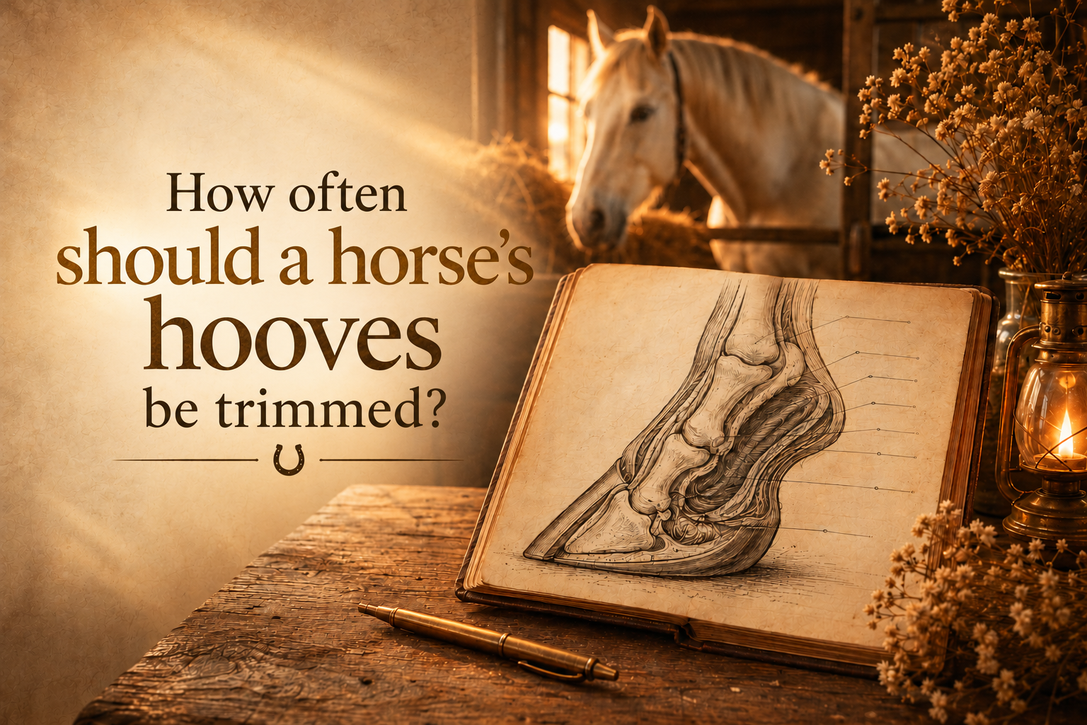 Educational Hoofphysics banner titled 'How often should a horse’s hooves be trimmed?' featuring a detailed anatomical hoof illustration in an antique book, a horse standing in a warmly lit stable, and a vintage lantern. Introducing an article about hoof t