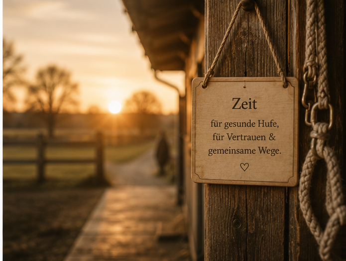 Stallgasse im Abendlicht mit Schild über Zeit für gesunde Hufe – regelmäßige Hufbearbeitung im passenden Rhythmus