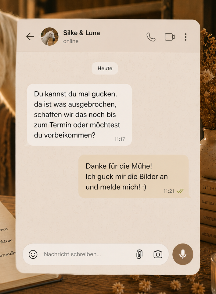 Beispielchat mit Rückfrage zu ausgebrochenen Hufen vor dem nächsten Termin