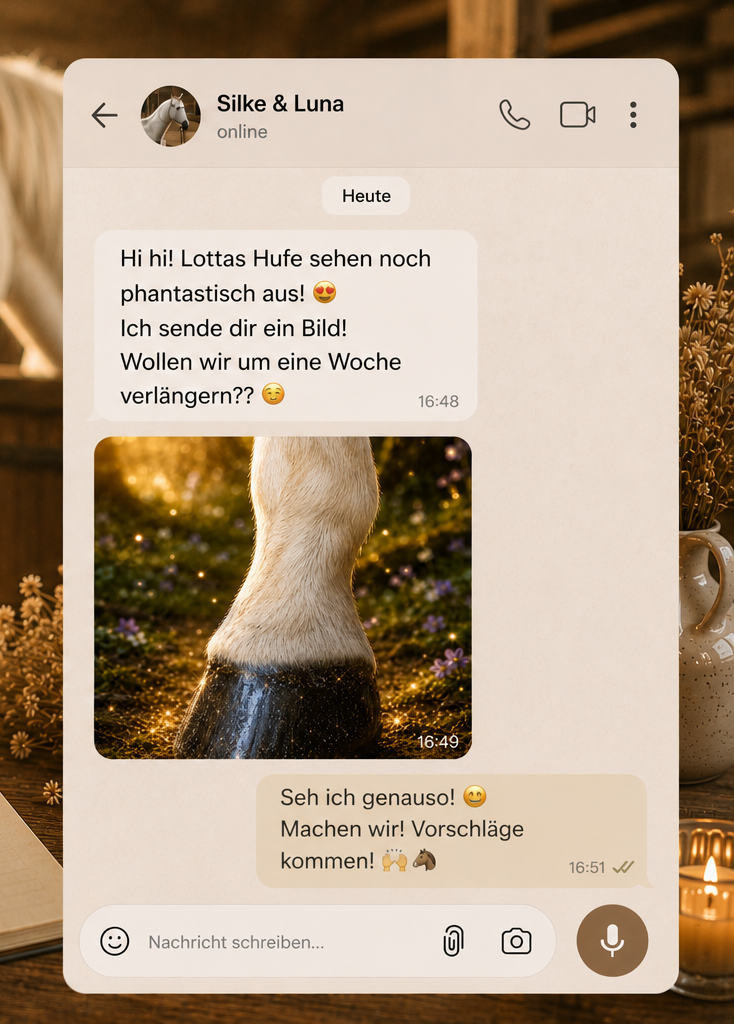 Beispielchat mit Foto eines Pferdehufs und Rückmeldung zur Entwicklung zwischen zwei Hufterminen