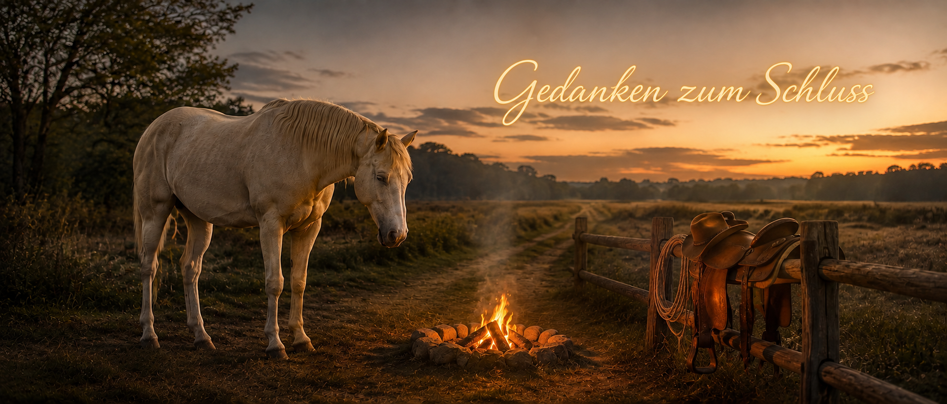 Helles Pferd steht an einem Lagerfeuer am Abend  mit der Überschrift "Gedanken zum Schluss"
