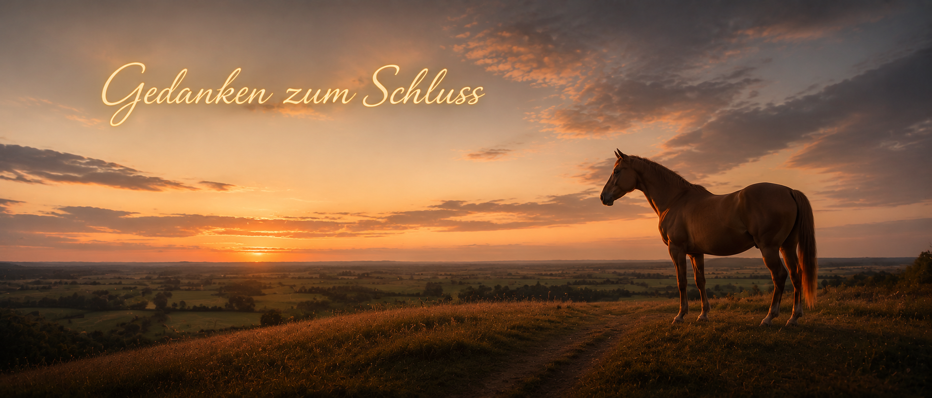 Pferd im Sonnenuntergang über weiter Landschaft – Abschlussgedanken zur individuellen Entwicklung und Hufgesundheit
