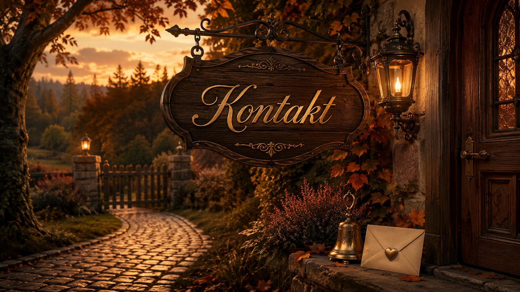 Herbstlicher Weg zu einer warm beleuchteten Tür mit goldenem Kontaktschild, kleiner Messingglocke und versiegeltem Brief