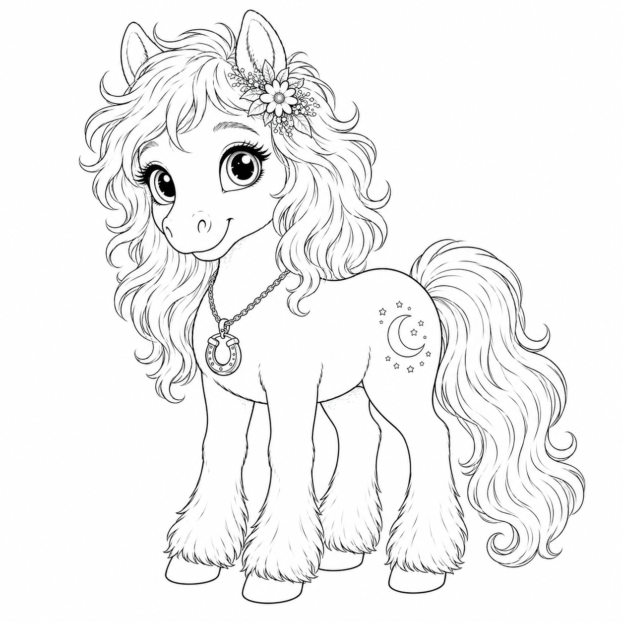  Ausmalbild von Liv – freundliches Pony mit langer Mähne, Blumen im Haar und Halbmond-Symbol