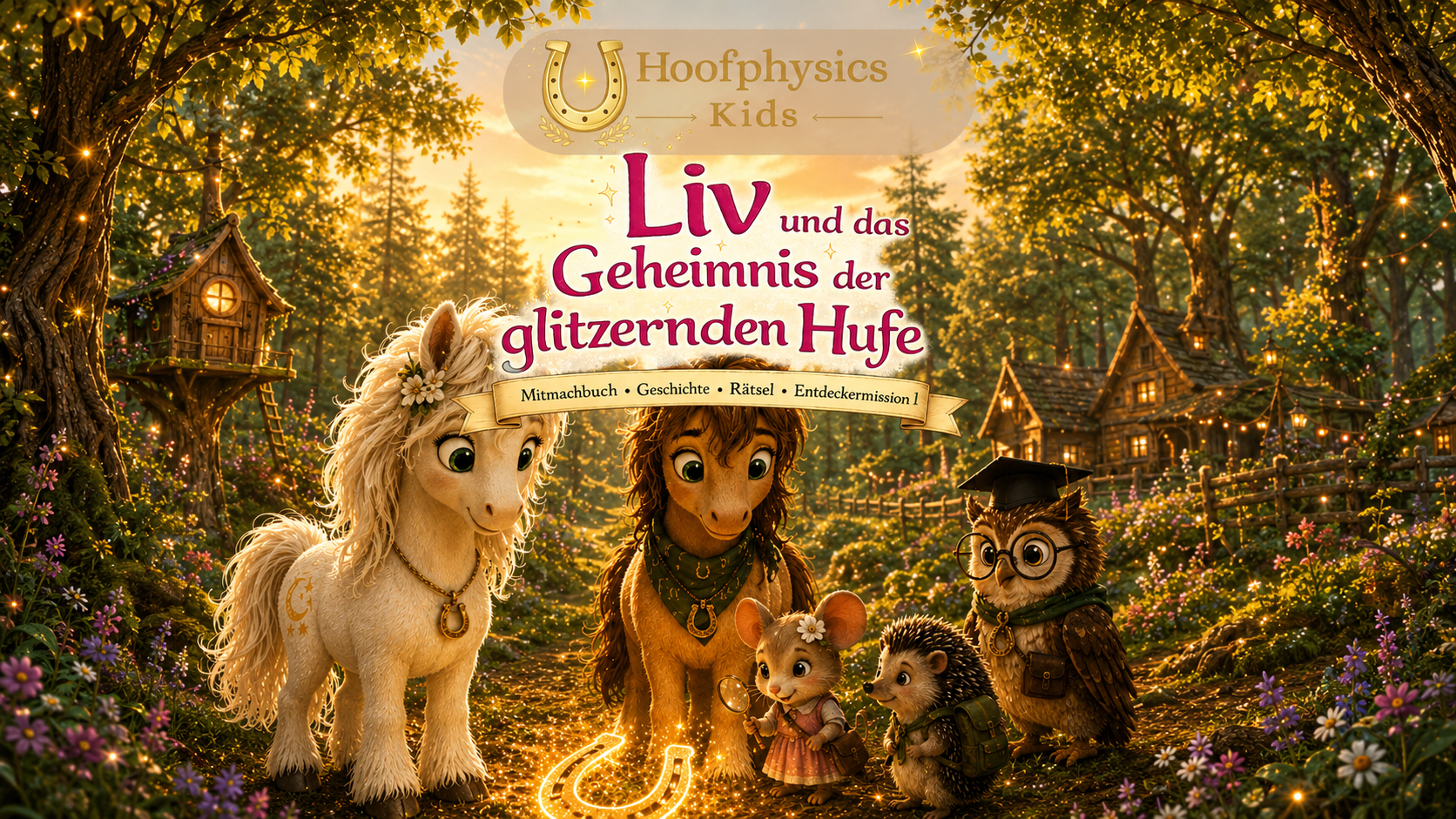 Titelbild des Hoofphysics-Kids-Mitmachbuchs ‚Liv und das Geheimnis der glitzernden Hufe‘ mit Liv, Milo, Pippa, Fips und Professor Eule im leuchtenden Goldhain.