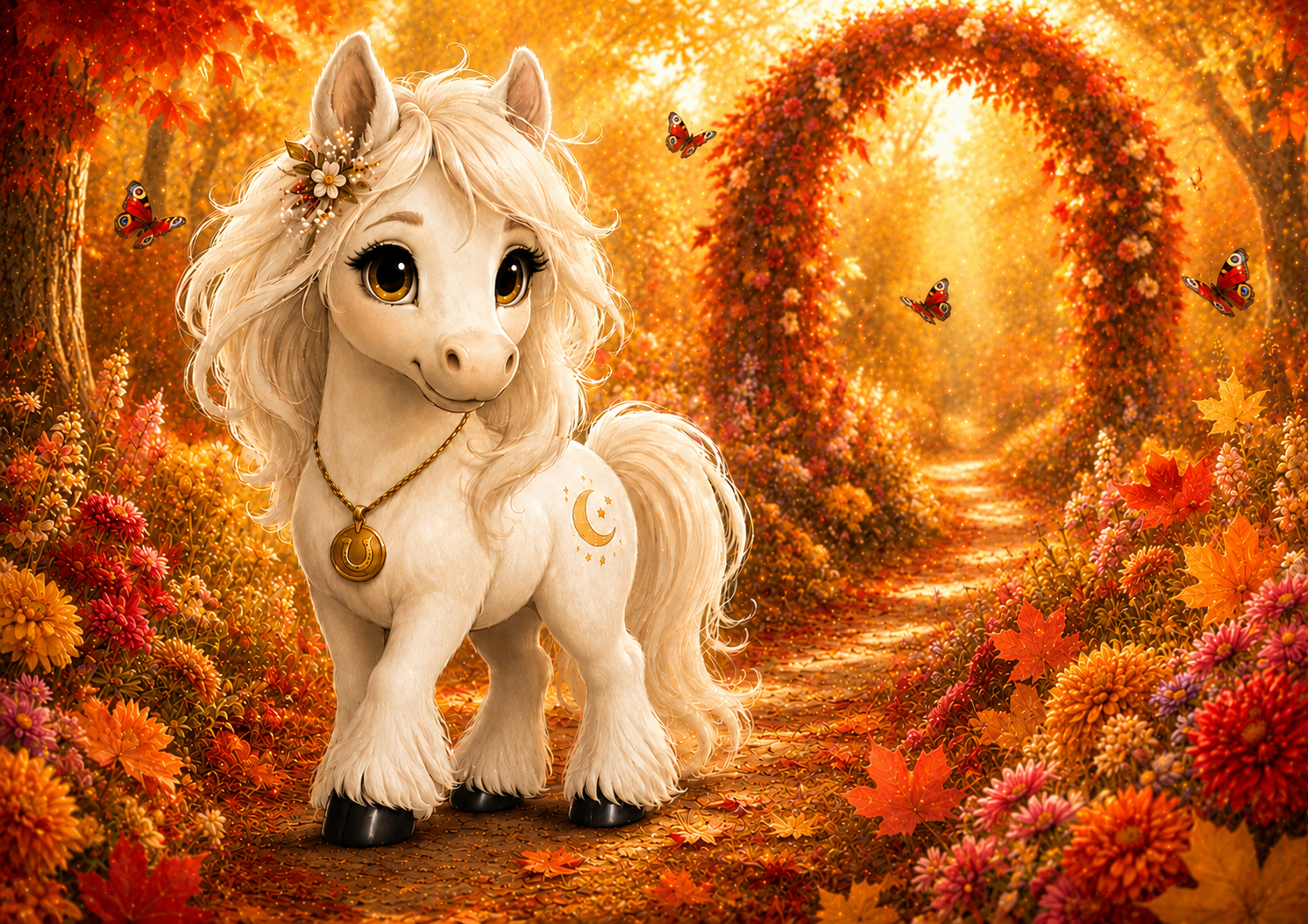 Pony Liv steht zwischen leuchtenden Herbstblumen vor einem magischen Blätterbogen im Goldhain, umgeben von bunten Schmetterlingen.