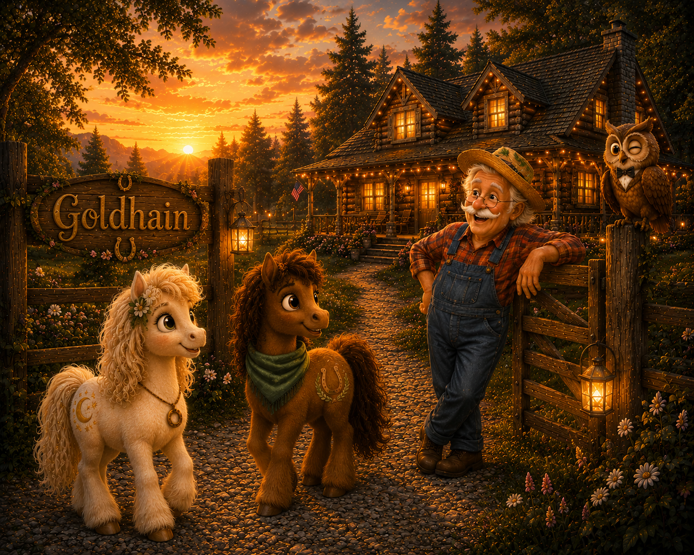 Liv und Milo kehren im goldenen Abendlicht zur Goldhain-Farm zurück, wo Opa Ben sie lächelnd am Gartentor erwartet und Professor Eule auf dem Zaunpfahl sitzt.“