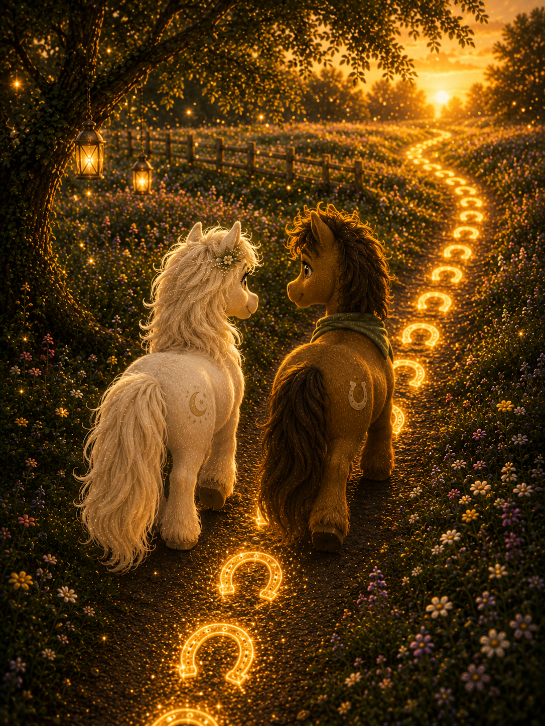Liv und Milo stehen am Rand einer Blumenwiese und blicken auf eine golden leuchtende Hufspur, die im Sonnenuntergang bis zum Zaun der Farm führt.