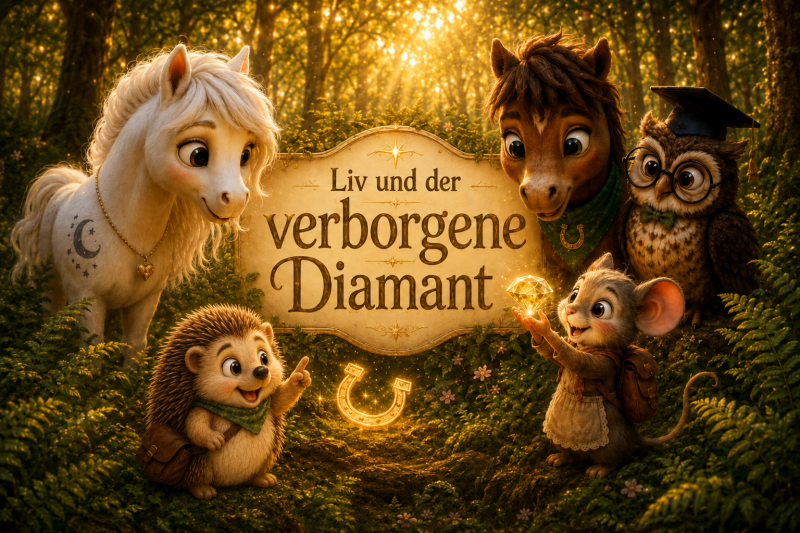 Liv, Milo, Professor Eule, die Maus Pippa und der kleine Igel Fips entdecken im leuchtenden Goldhain einen verborgenen Diamanten