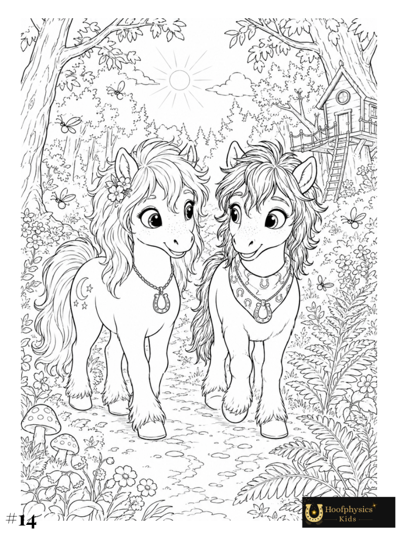 Liv und Milo stehen gemeinsam auf einem verwunschenen Waldweg im Goldhain – Ausmalbild für Kinder.